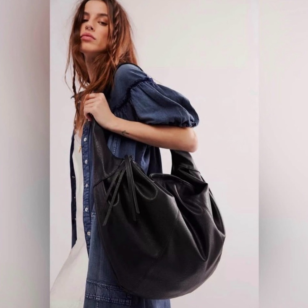 Free People Black Leather Slouchy Hobo Carryall